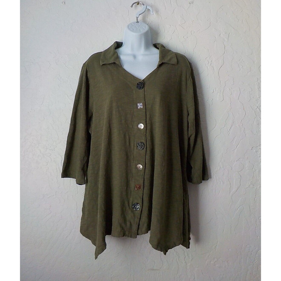 Avenue Green Button Up Tunic Top Size 18 / 20 Asymmetric Hem Cotton Artsy Casual - Picture 1 of 14